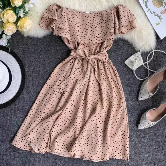 Dresses & Skirts - Raffle Off the Shoulder Tan Dress